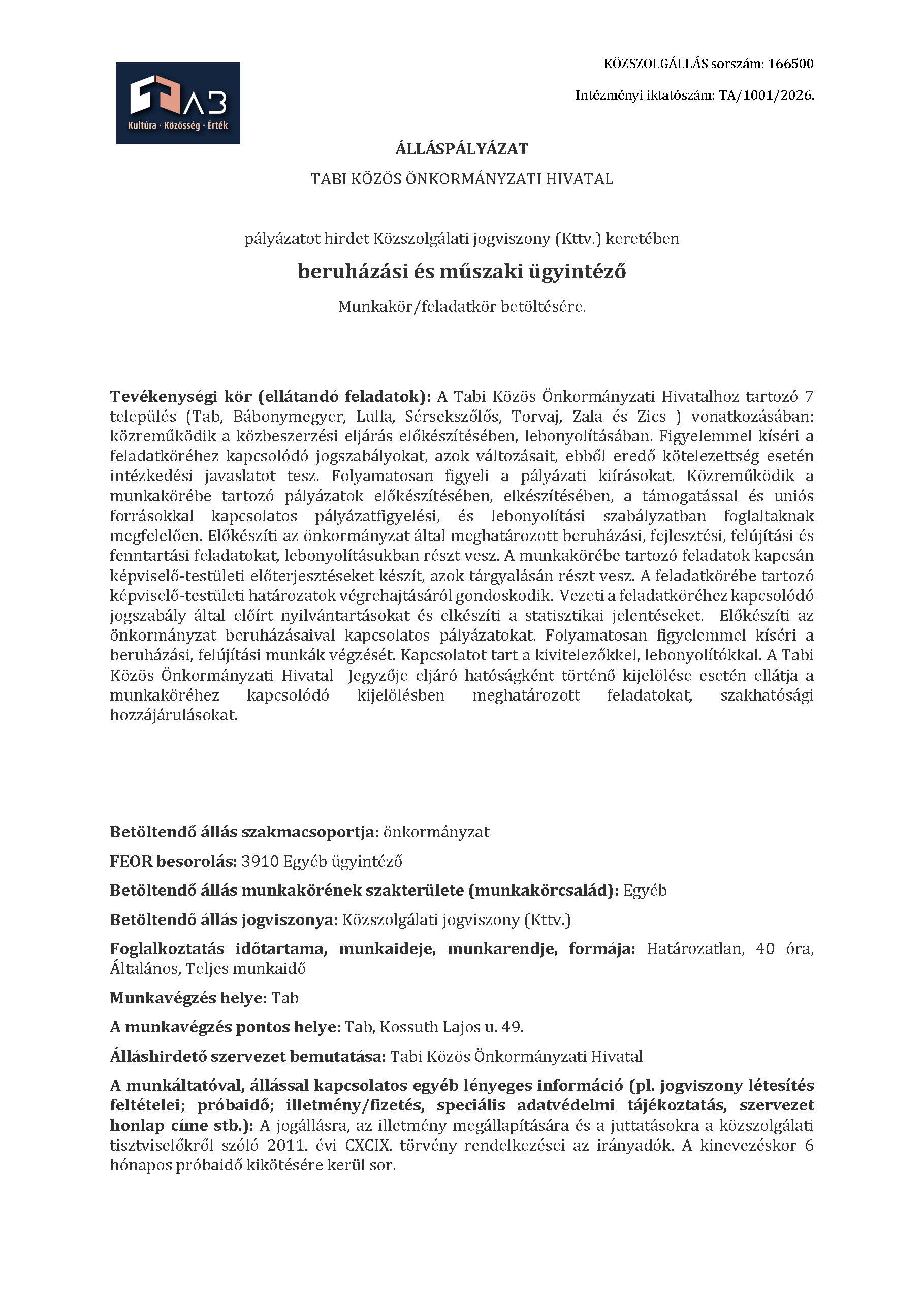 Álláshírdetés  - Beruházási és műszaki ügyintéző