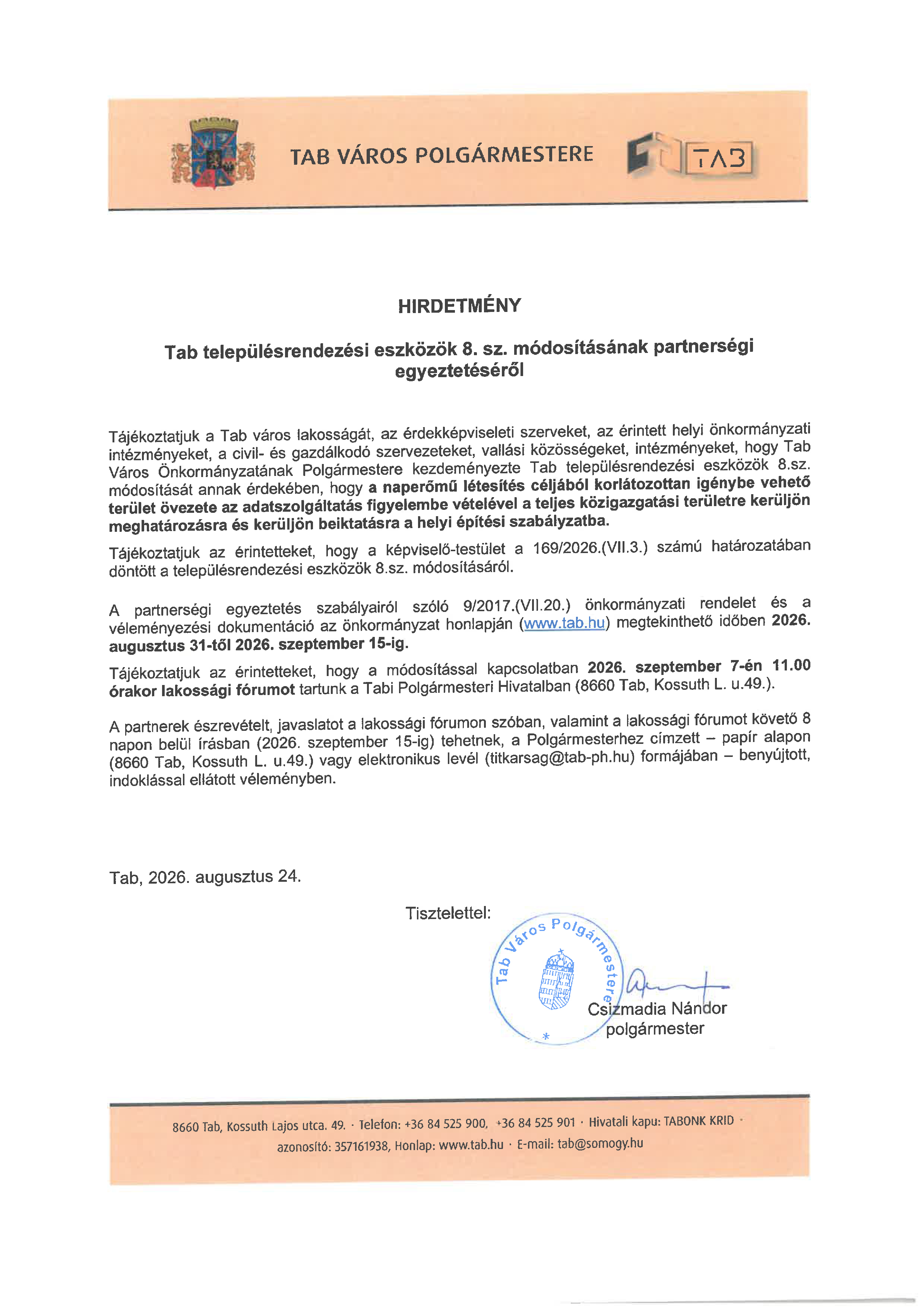 Hirdetmény - Tab településrendezési eszközök 8.sz. modosításának partnerségi egyeztetéséről