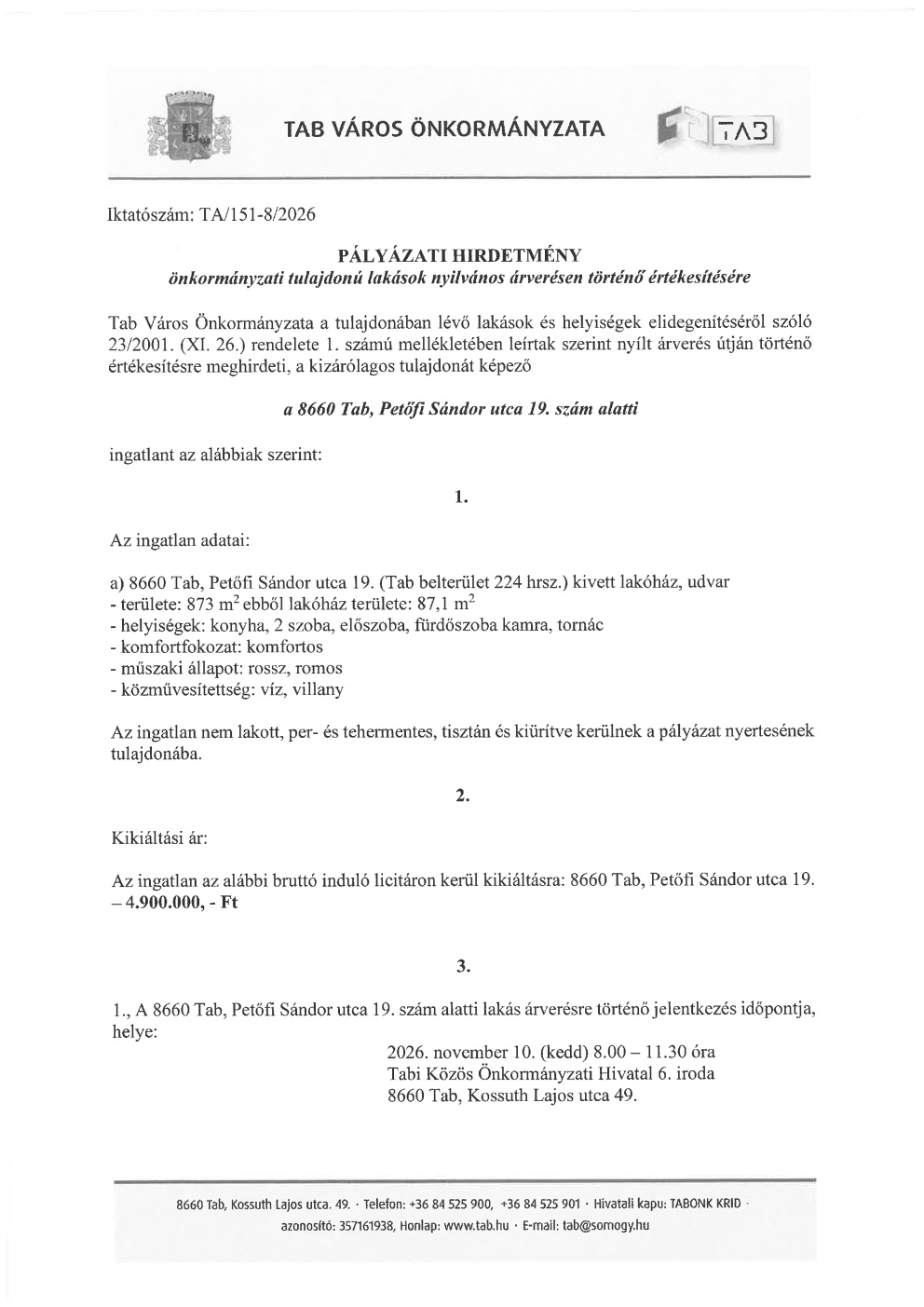 Pályázati hírdetmény Tab Petőfi S. u. 19.